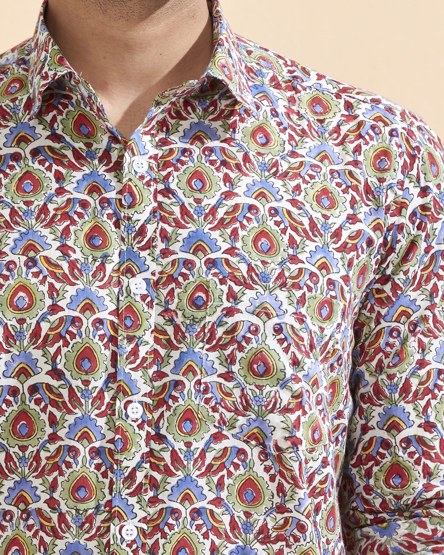 White Full Sleeve Cotton Hand Block Printed Men's Shirt